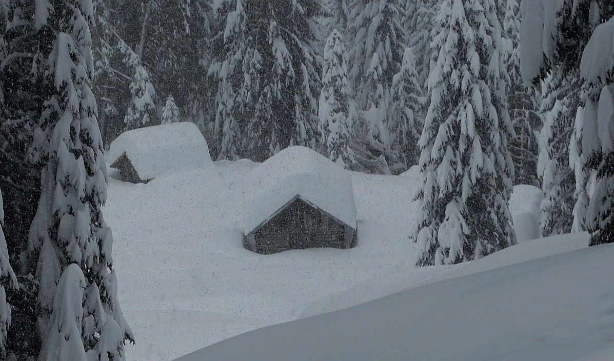 Starker Schneefall auf Holzhütten und Fichtenbäume