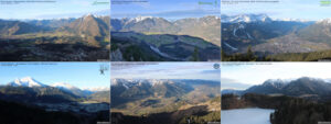 Morgendliche Webcambilder vom 16.02.2024 aus dem Bayerischen Alpenraum. In tieferen Lagen herrscht Schneemangel