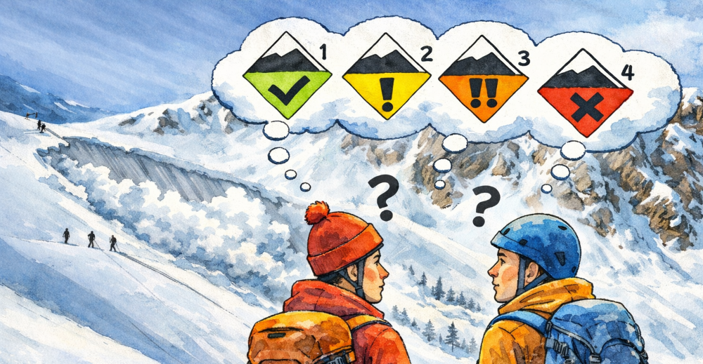 Zwei Wintersportler stehen vor einem Lawinenabgang, in dessen Nähe sich eine Wintersportgruppe bestehend aus drei Personen befindet. Oberhalb der Wintersportler im Vordergrund sind zwei Fragezeichen sowie Gedankenblasen mit den Symbolen der Lawinengefahrenstufen eins bis vier. Das Bild wurde mit KI im Cartoon-Stil kreiert.